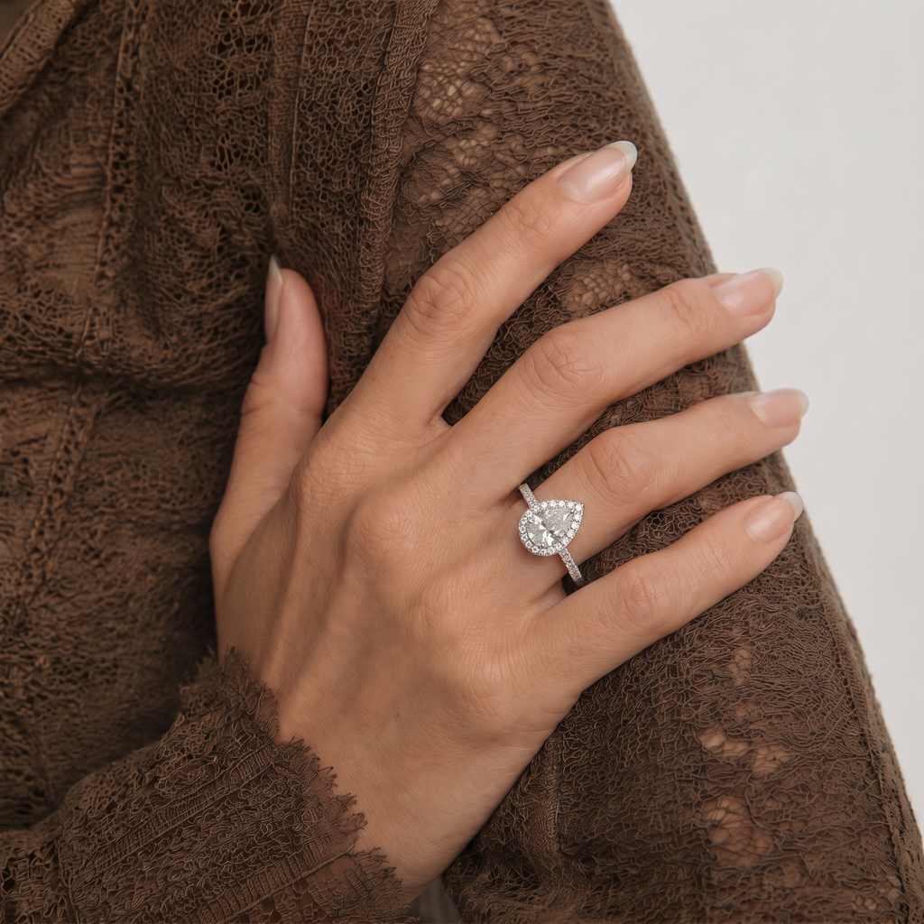 Pear Moissanite Marquise Halo Pavé Ring