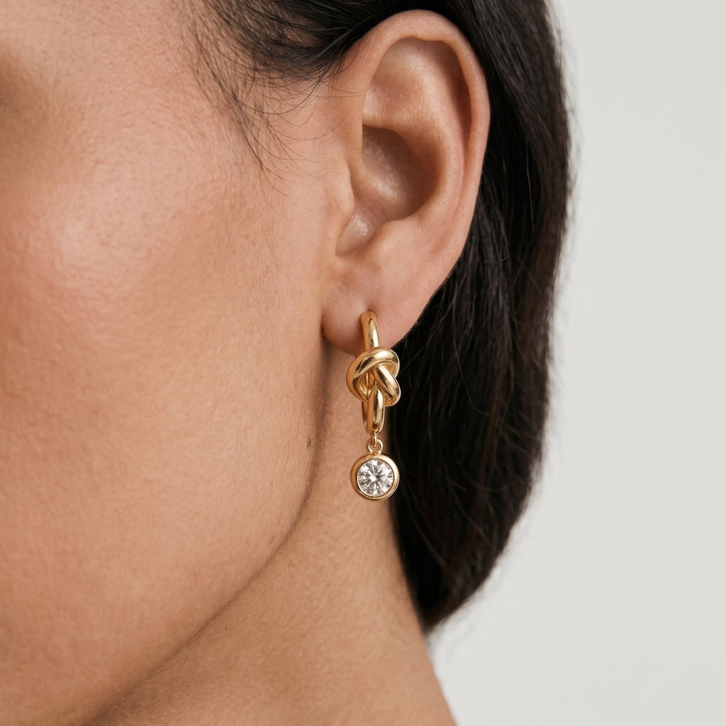Knot Charm Bezel Drop Hoop Earrings