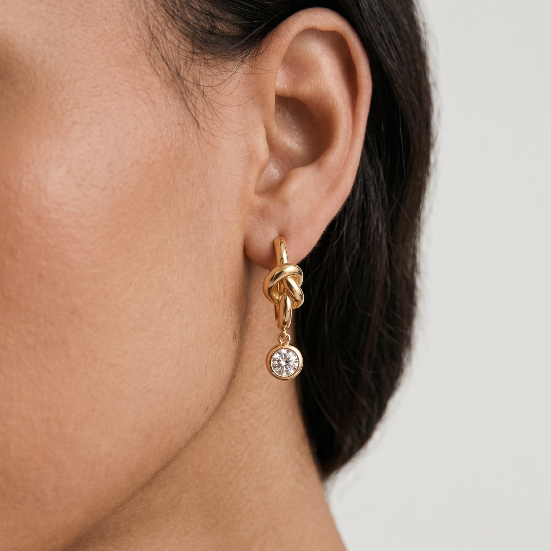 Knot Charm Bezel Drop Hoop Earrings
