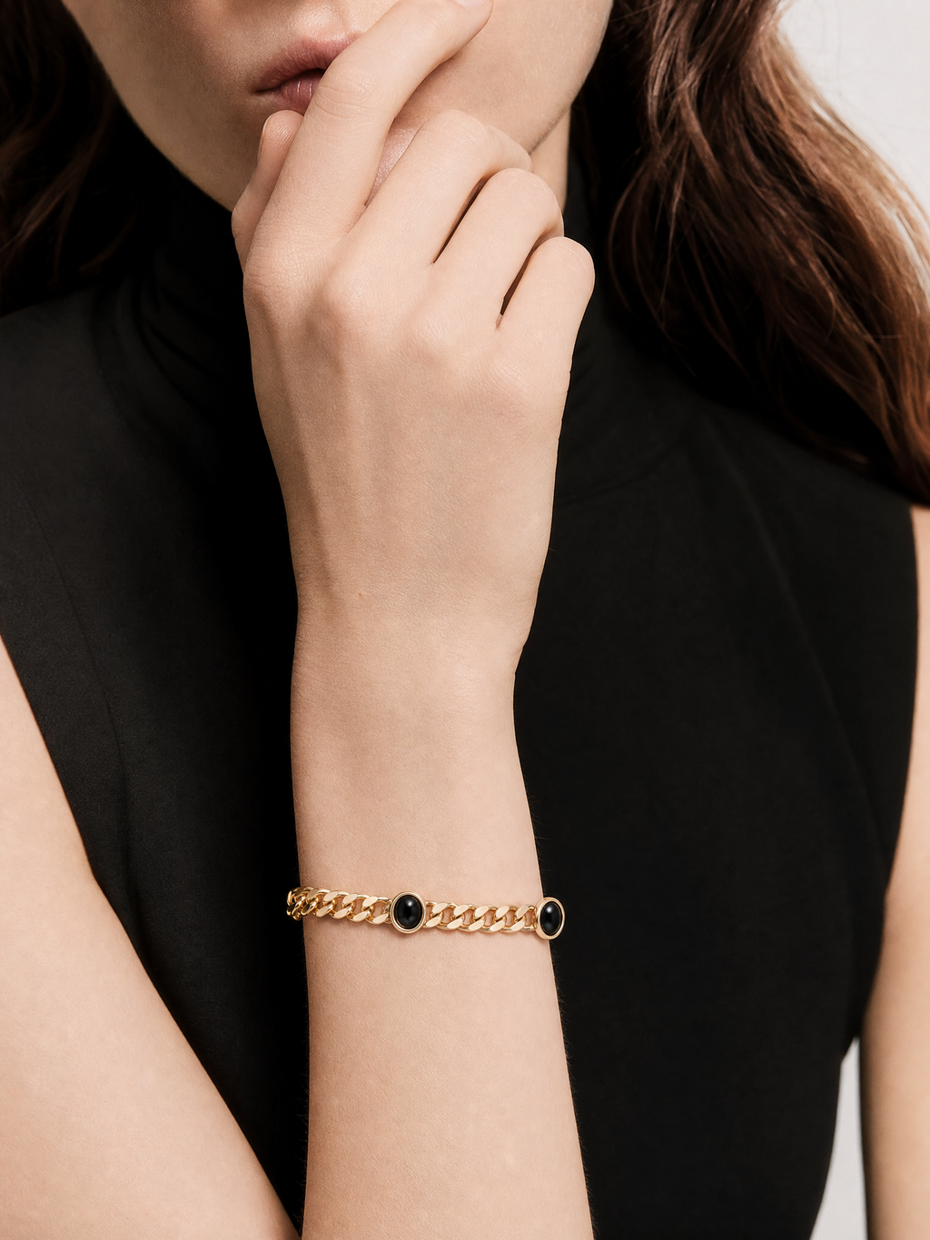 Black Onyx Cabochon Cuban Chain Bracelet in Rose Gold