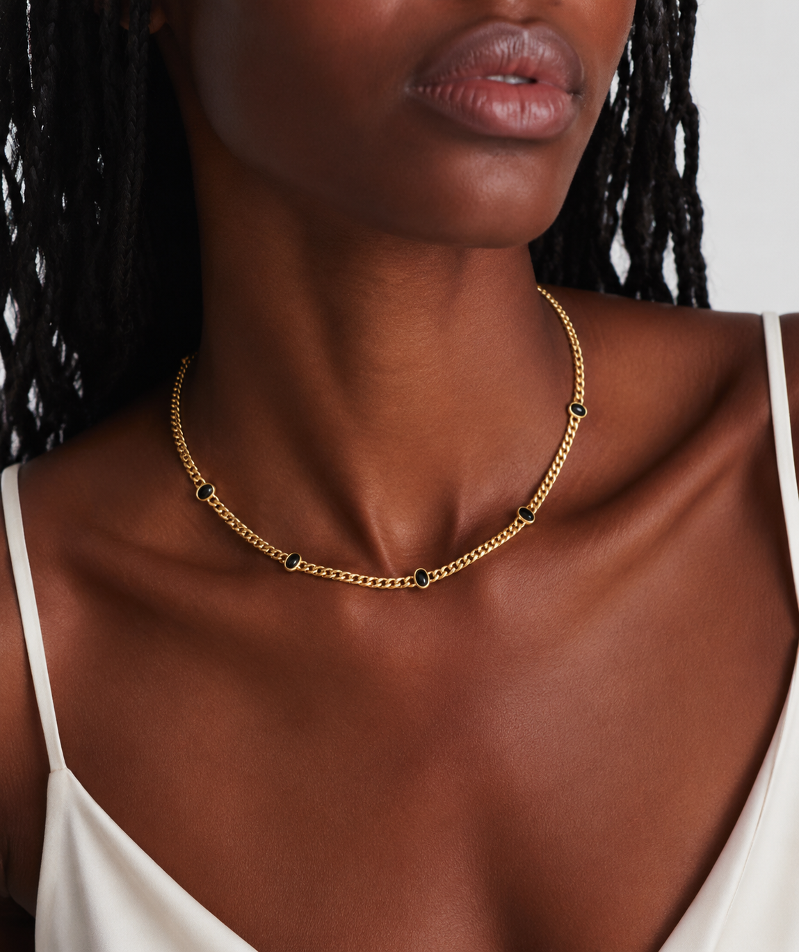Black Onyx Cabochon Station Cuban Chain Necklace in Gold