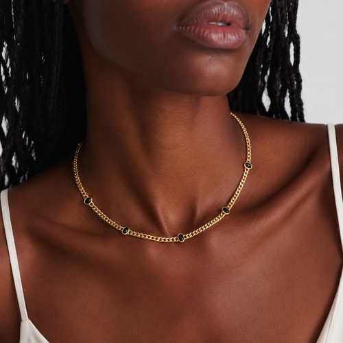 Black Onyx Cabochon Station Cuban Chain Necklace